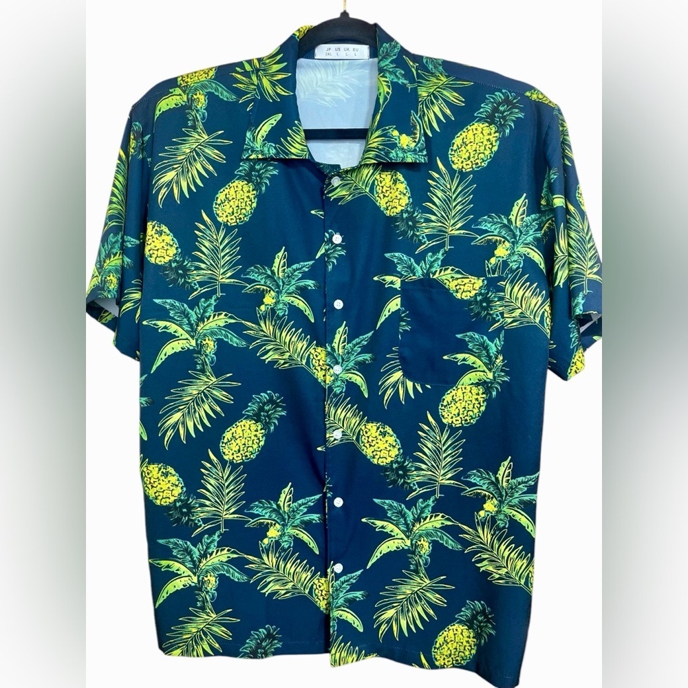 Pineapple Men's Hawaiian Blue Button Down Shirt size Large
